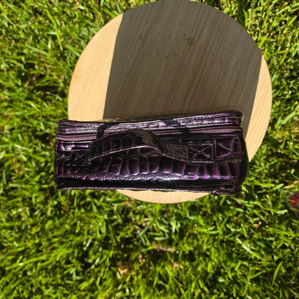 Stephanie Johnson Purple Croc Embossed Cosmetic Case Neon Yellow Interior Travel